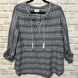 Liz Claiborne Blue & White Blouse, Size L, Bohemian Style, Tassels, Sleeve Roll